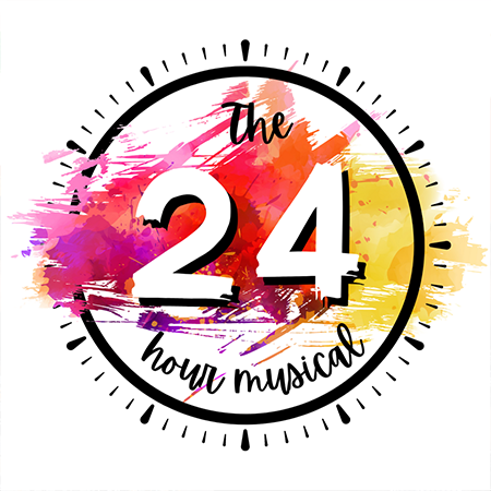 Event Image for 24hr Musical - a clock with a gradient of watercolour-style splashes in the centre behind the words "The 24 Hour Musical" 