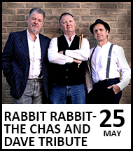 Image of the band Triple Cream - three middle aged men in button-down shirts and jeans. Text reads: Rabbit Rabbit - The Chas and Dave Tribute, 25 May